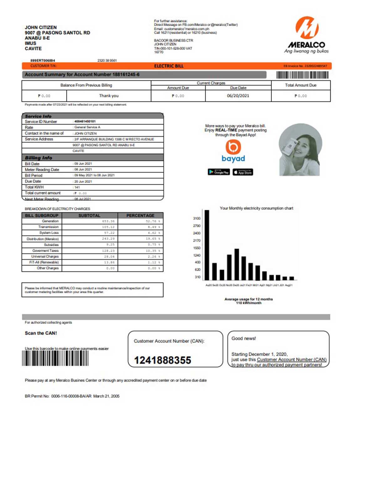 Philippines Meralco electricity utility bill, PDF and Word download template version 2